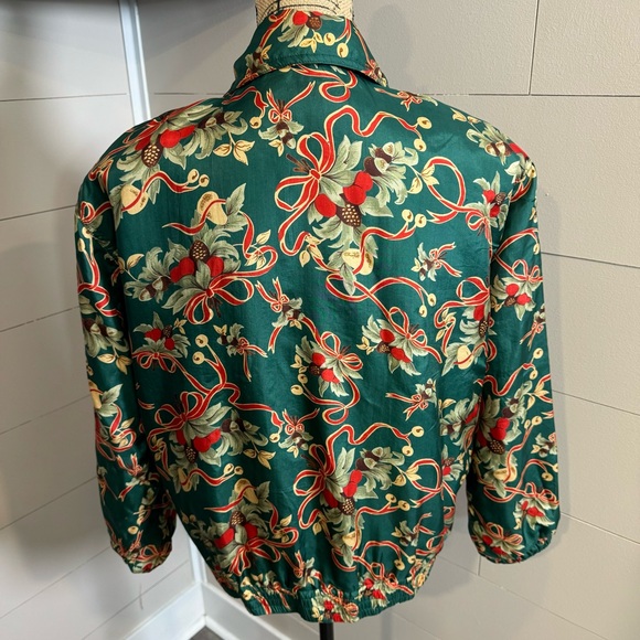 Vintage 100% Silk Christmas Novelty Print Bomber Full Zip Jacket - S - Oversized - Picture 2 of 11
